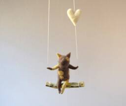 Cat On Swing , Taupe Needle Felted Cat, Nursery Decoration, Baby Crib Mobile, Toy, Mobile
