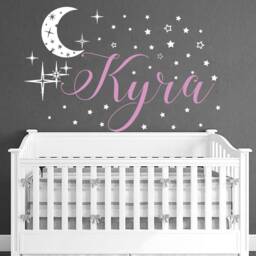 Personalize Name Sticker Baby Girl Nursery - Moon & Stars Wall Decal Kids Custom Crib Bed With Bedroom S111 - thumbnail 1