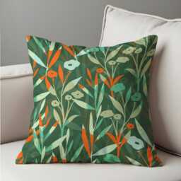 Green Botanical Throw Pillow Cover, Vibrant Floral Cushion Orange Accent Sofa Decor, Any Size Custom Made Cases - thumbnail 2