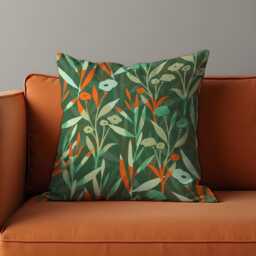 Green Botanical Throw Pillow Cover, Vibrant Floral Cushion Orange Accent Sofa Decor, Any Size Custom Made Cases