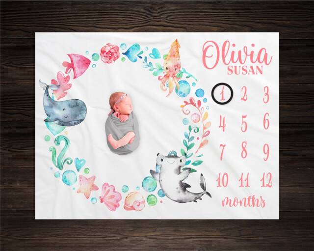 Under The Sea Baby Milestone Blanket, Animals Shower Gift, Keepsake Life Nursery, Gm05 - image 1