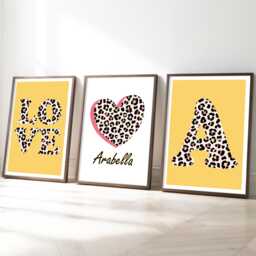 Leopard Love Heart Prints Personalized Teen Girl Bedroom Wall Art, Set Of 3 - thumbnail 1