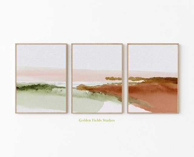 Earthy Abstract Prints, Set Of 3 Green Terracotta Art, Modern Minimalist Landscape, Boho Wall Decor Triptych, Warm Tone Art - image 1