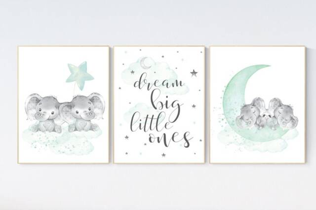 Elephant Twin Nursery Art Print Moon & Stars Decor - image 1
