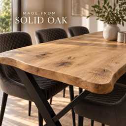 Croxby Xf Rustic Solid Oak Live Edge Dining Table, Rounded Corners, Industrial X Frame Steel Legs - thumbnail 2