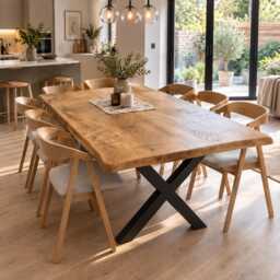 Croxby Xf Rustic Solid Oak Live Edge Dining Table, Rounded Corners, Industrial X Frame Steel Legs - thumbnail 1