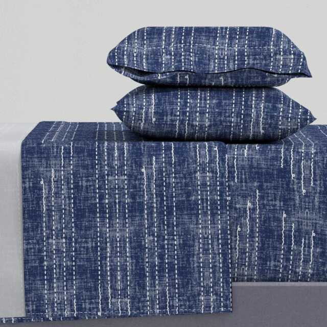 Indigo Lines Sheets - Shibori Stitches By Twigged Navy Elegant Minimal Dotted Cotton Sateen Sheet Set Bedding Spoonflower - image 1