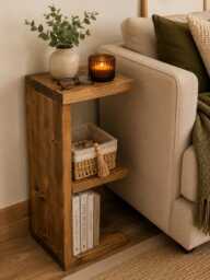 Handmade Slim Wooden Sofa Side Table - Narrow Rustic End Solid Wood Bedside E Shape Small Space
