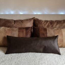 Pieced Faux Leather Lumbar Pillow Cover Cream Beige Brown, 11x30 - thumbnail 4