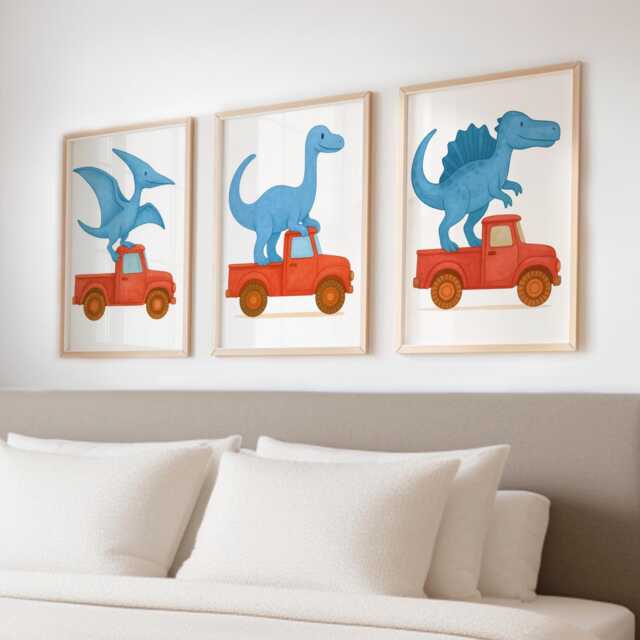 Dinosaur Construction Wall Art - Dino in Truck, Digger & Tractor Set Of 3 Kids Nursery Prints A4 Unframed Gift For Boys Room Decor - image 1