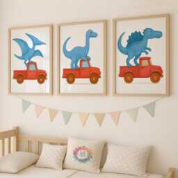 Dinosaur Construction Wall Art - Dino in Truck, Digger & Tractor Set Of 3 Kids Nursery Prints A4 Unframed Gift For Boys Room Decor - thumbnail 2