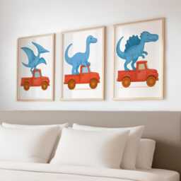Dinosaur Construction Wall Art - Dino in Truck, Digger & Tractor Set Of 3 Kids Nursery Prints A4 Unframed Gift For Boys Room Decor - thumbnail 1