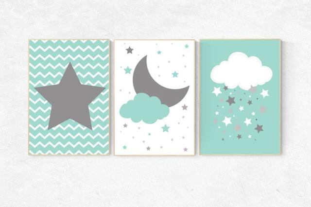 Mint Nursery Prints Cloud, Moon, Star Wall Art - Set Of 3 - image 1