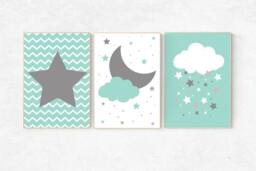 Mint Nursery Prints Cloud, Moon, Star Wall Art - Set Of 3 - thumbnail 1