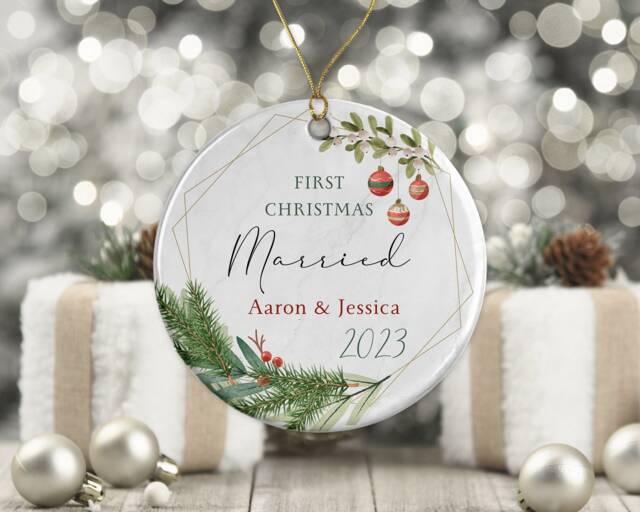 First Christmas Married Tree Decoration - Personalised Ornament Ceramic Bauble Keepsake Gift Mr & Mrs Special Couple - image 1