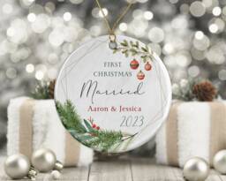 First Christmas Married Tree Decoration - Personalised Ornament Ceramic Bauble Keepsake Gift Mr & Mrs Special Couple - thumbnail 1