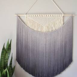 Handmade Macrame Wall Hanging in Ombre Gray Color, Bohemian Home Decor, Handwoven & Dip-Dyed Tapestry, Chic Natural Cotton Art Piece - thumbnail 2