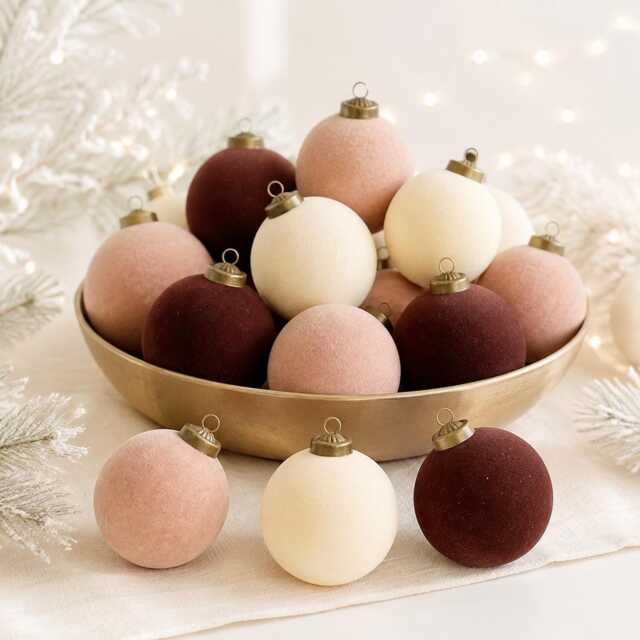 Flocked Christmas Ornaments Creamy, Beige, Brown Colors - 12 Pcs 3, 15 - image 1