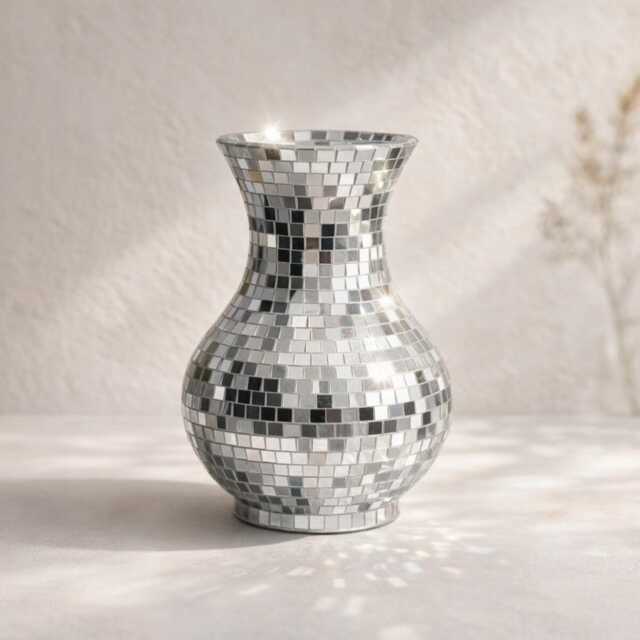 Disco Mirror Mosaic Vase - Silver/Gold Pink Sparkly Statement Flower Retro Glam Modern Home Decor - image 1