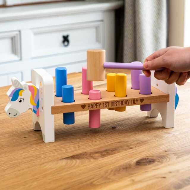 Personalised Unicorn Hammer Bench Pastel Wooden Toy, 1st Birthday Gift - Lc1030 - image 1