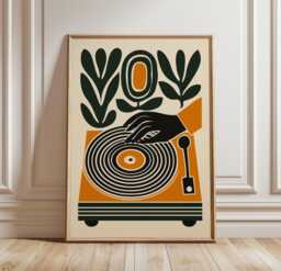 Vinyl Record Poster, Retro Turntable Wall Art, Mid Century Music Print - thumbnail 1