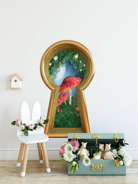 Wonderland 3D Keyhole Fabric Wall Decal - Enchanted Lantern Mushroom Forest 3D Sticker Removable - image 1
