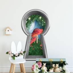 Wonderland 3D Keyhole Fabric Wall Decal - Enchanted Lantern Mushroom Forest 3D Sticker Removable - thumbnail 3