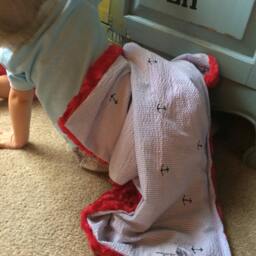 "Oxford Blue Seersucker & Embroidered Anchors Baby Blanket Red Minky ""Hot Rodders" - thumbnail 3