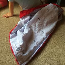 "Oxford Blue Seersucker & Embroidered Anchors Baby Blanket Red Minky ""Hot Rodders" - thumbnail 4