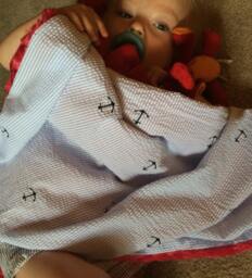 "Oxford Blue Seersucker & Embroidered Anchors Baby Blanket Red Minky ""Hot Rodders"
