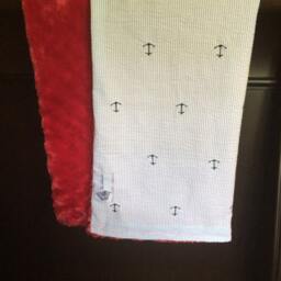 "Oxford Blue Seersucker & Embroidered Anchors Baby Blanket Red Minky ""Hot Rodders" - thumbnail 2