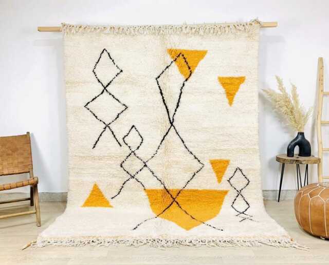 White Moroccan Rug With Yellow Shapes, Hand Tufted Berber Rug, Shag Large Area Modernist Wool Carpet - image 1