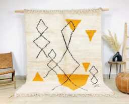 White Moroccan Rug With Yellow Shapes, Hand Tufted Berber Rug, Shag Large Area Modernist Wool Carpet - thumbnail 1