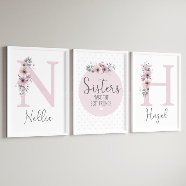Girls Personalised Sister Prints A4 Or A3 Set Of Unframed Pink Shared Room - image 1