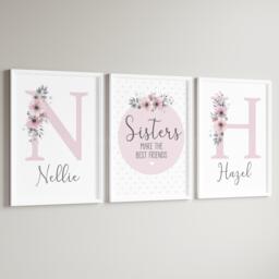 Girls Personalised Sister Prints A4 Or A3 Set Of Unframed Pink Shared Room - thumbnail 1
