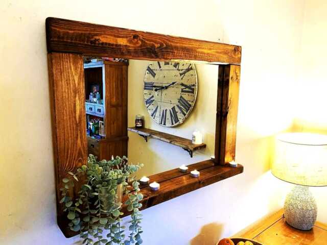 Farmhouse Mirror With Shelf - English Oak Waxed Wood - image 1