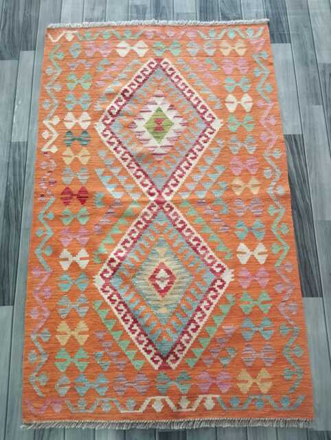 Handmade Afghan Kilim Rug, Geometric Tribal Design, Multicolour Artisan Persian Turkish Flatweave, Natural Wool, 154x98 cm - image 1