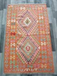 Handmade Afghan Kilim Rug, Geometric Tribal Design, Multicolour Artisan Persian Turkish Flatweave, Natural Wool, 154x98 cm - thumbnail 1