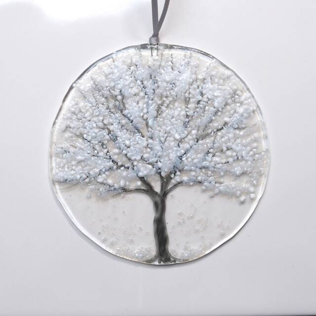 Fused Glass Winter Tree Suncatcher Snowy Scene, Handmade Decor Eh 1311 - image 1