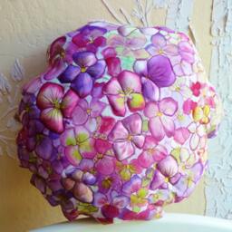 Home Decor Soft Sculpture Hydrangea Flower Decorative Pillow, Quilted & Hand Painted in Fuchsia, Purple, Violet Sage Greens - thumbnail 2