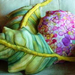 Home Decor Soft Sculpture Hydrangea Flower Decorative Pillow, Quilted & Hand Painted in Fuchsia, Purple, Violet Sage Greens - thumbnail 4