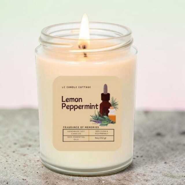 Lemon Peppermint Essential Oil Candle - Handmade Soy Aromatherapy - image 1