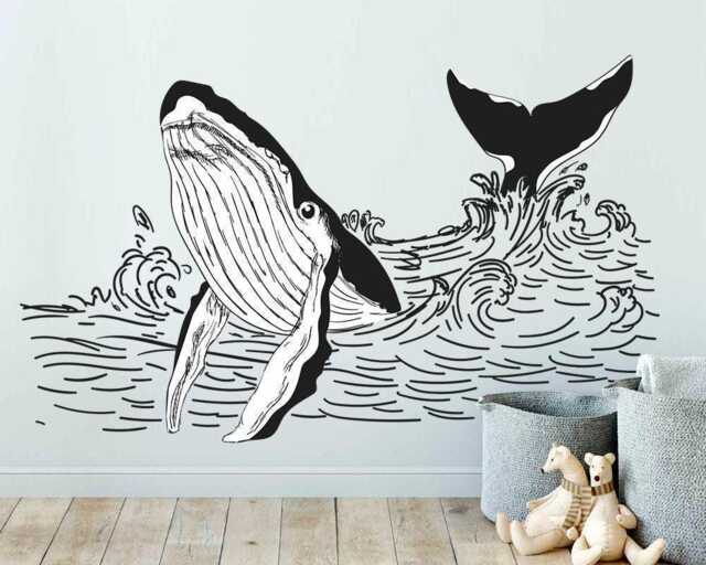 Whale Wall Sticker - Black White Waves Decal For Home Decor Elegant Art - image 1
