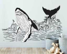 Whale Wall Sticker - Black White Waves Decal For Home Decor Elegant Art