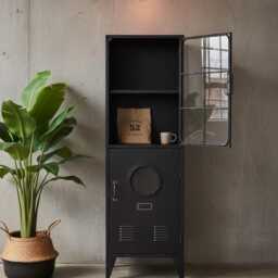 Black Metal Display Cabinet H139cm W44cm - Industrial Glass Storage Cupboard Hallway Lounge Organiser Tall Furniture - thumbnail 2