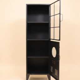 Black Metal Display Cabinet H139cm W44cm - Industrial Glass Storage Cupboard Hallway Lounge Organiser Tall Furniture - thumbnail 2
