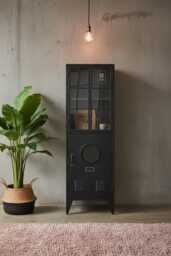 Black Metal Display Cabinet H139cm W44cm - Industrial Glass Storage Cupboard Hallway Lounge Organiser Tall Furniture