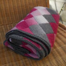 Throw/Blanket/Afghan, Hand Crocheted Tunisian Stitch Using Wool Mix Yarn. Pink/Grey/White Checkered/Harlequin Design, Approx 56 in X 46 - thumbnail 4