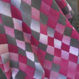 Throw/Blanket/Afghan, Hand Crocheted Tunisian Stitch Using Wool Mix Yarn. Pink/Grey/White Checkered/Harlequin Design, Approx 56 in X 46 - thumbnail 2