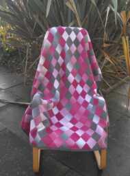 Throw/Blanket/Afghan, Hand Crocheted Tunisian Stitch Using Wool Mix Yarn. Pink/Grey/White Checkered/Harlequin Design, Approx 56 in X 46